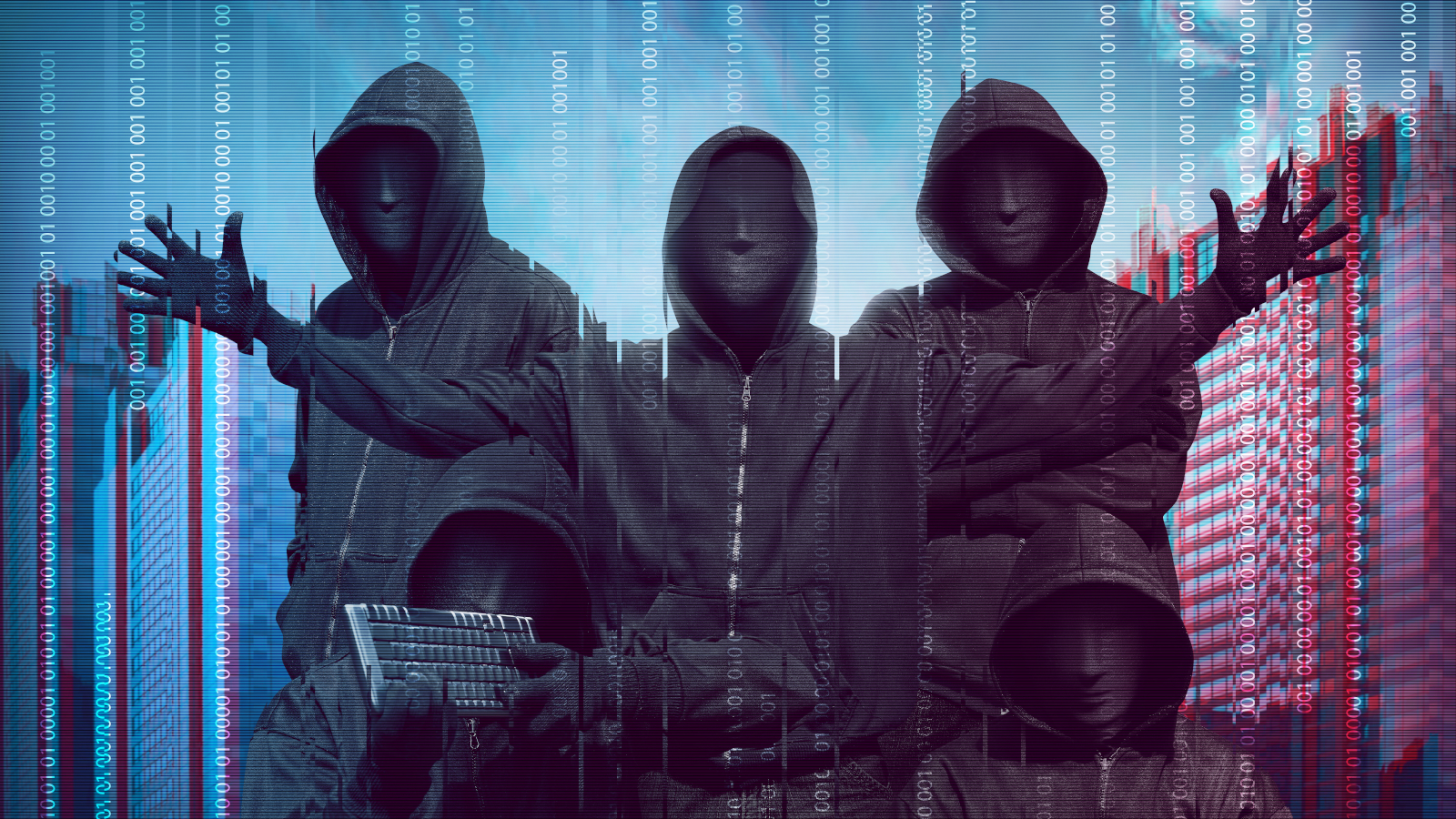 Group of 5 anonymous hackers wearing masks