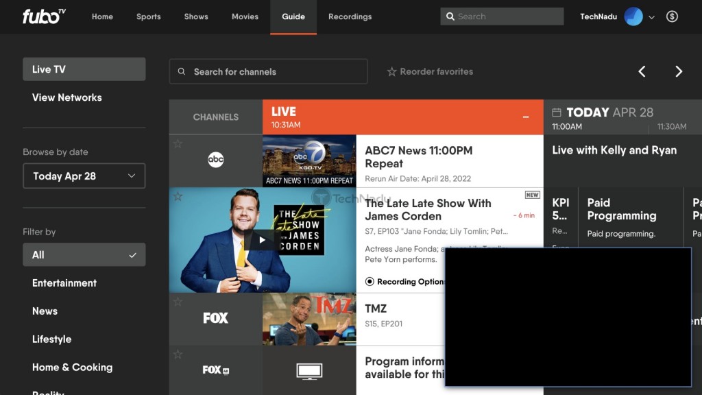 FuboTV Mini Player with Guide in Background