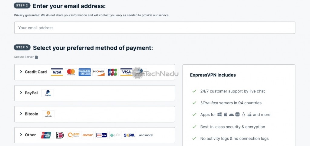 Signing Up for ExpressVPN Free Trial- Type in your email address and select the payment method