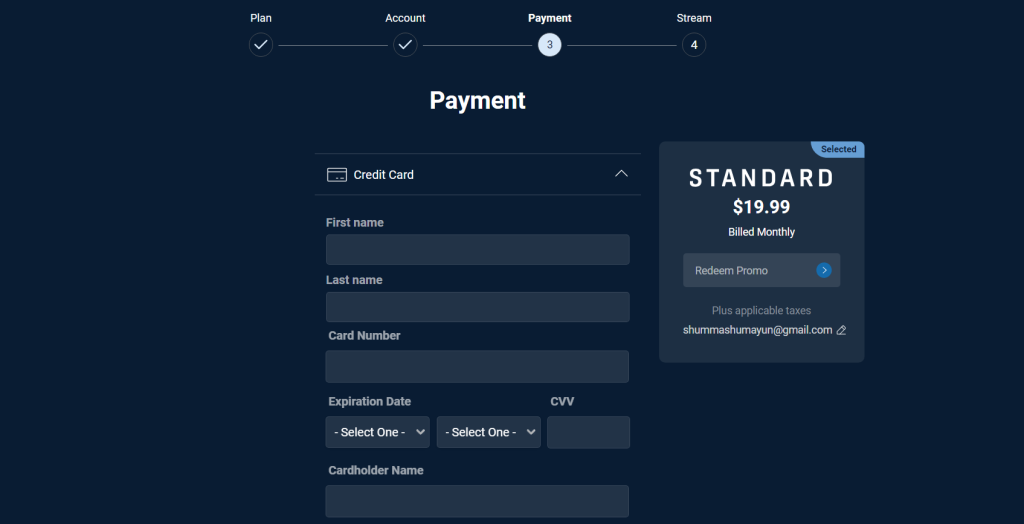 Input payment details in the "Payment" page