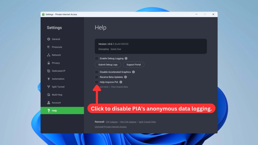 Disabling anonymous data logging in PIA