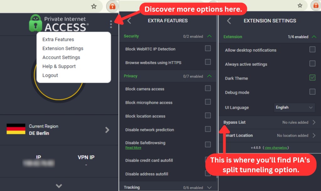 Features of the PIA Chrome extension