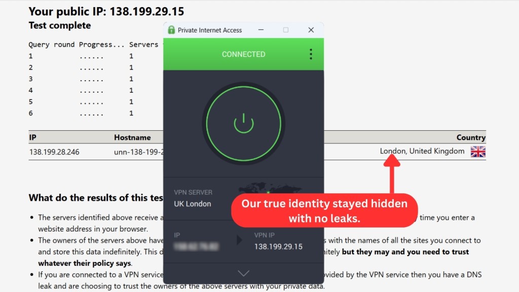 PIA VPN DNS leak test result MAR 25