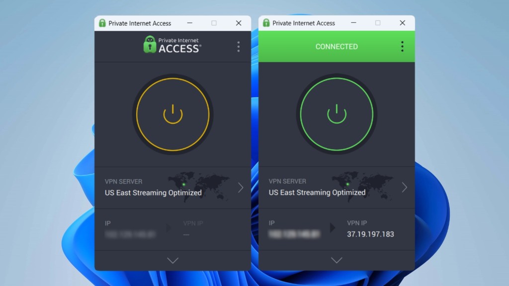 PIA VPN home screen on Windows