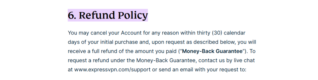 The image shows ExpressVPNs refund policy listed on its page
